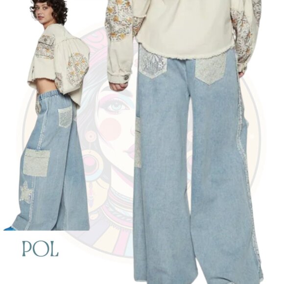 P30 POL Lt Blue Denim-Look French Terry Wide Leg Star Jeans Pants - Picture 2 of 2